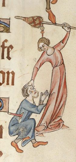 Woman hitting a man, Luttrell Psalter, British Library