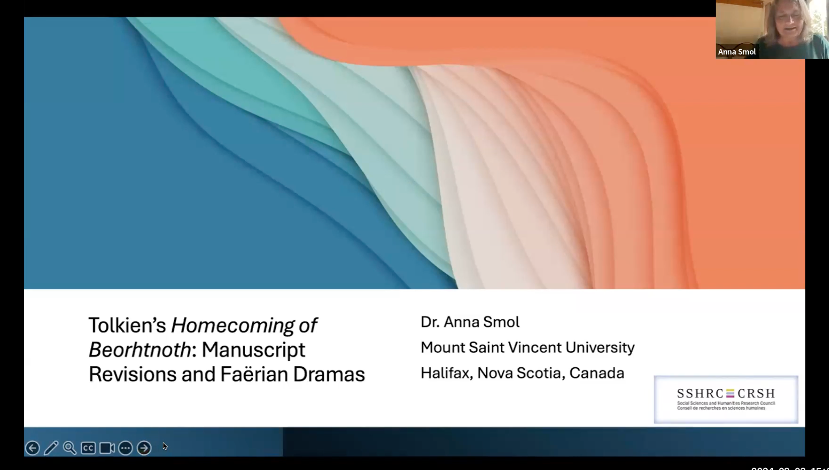 Screenshot of opening slide of "Tolkien's The Homecoming of Beorhtnoth: Manuscript Revisions and Faërian Dramas" 