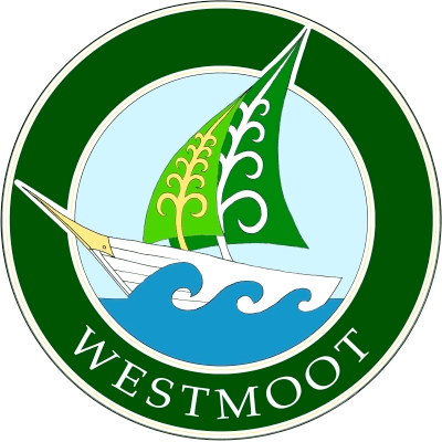 Westmoot logo by Tsvetelina and Michael Taaffe showing a white boat with green sails on blue waves. 